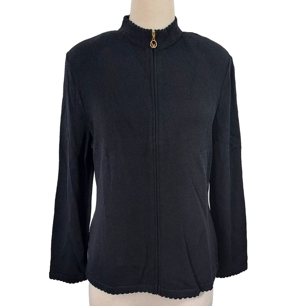 St. John Basics Zip Jacket Womens 12 Santana Knit Black Scallop Edge USA Flaw